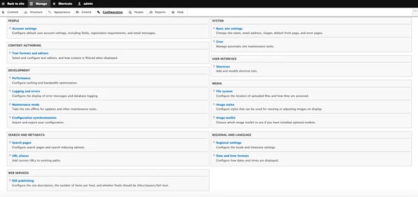 A drupal interface opened to the Configuration tab shows how overwhelming the platform can be for beginners