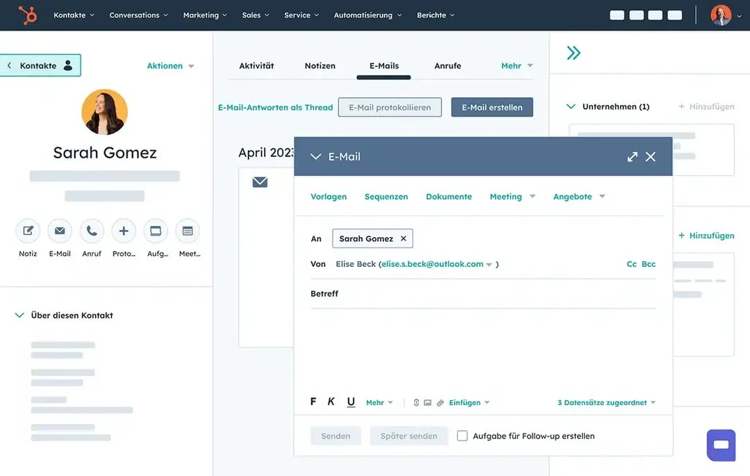 Screenshot vom HubSpot Kontakt-Management