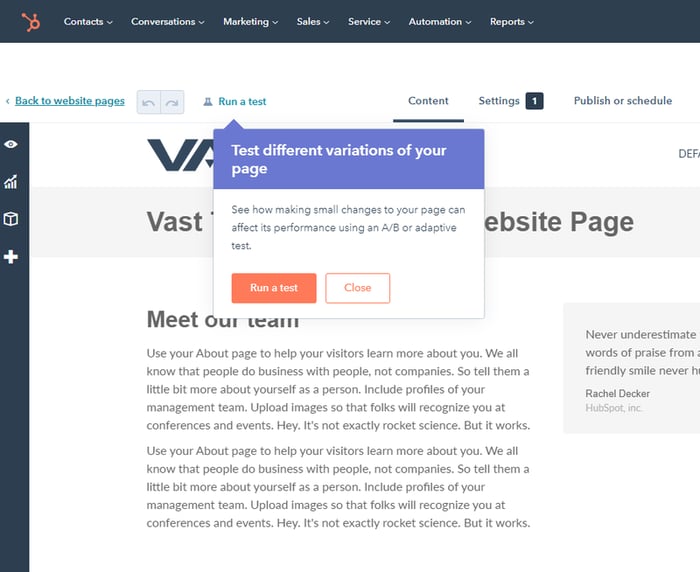 HubSpot HubSpot CMS screen with a tooltip suggestion to A/B test different variations of the page