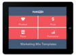 Marketing mix framework displayed on a tablet, featuring four categories: Product, Price, Place, and Promotion, with a header reading 