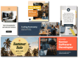 Collage of promotional graphics featuring a summer sale announcement, event invitations, and a job posting for a senior software developer, with vibrant colors and tropical imagery in the background.