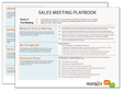 Sales meeting playbook outlining objectives, agenda setting, and the discovery phase, with sections for research, and examples of effective meeting practices, displayed in a structured layout with a HubSpot logo.