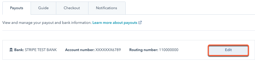 Shows where to edit bank info in payments