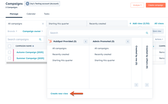 Create new view in campaigns