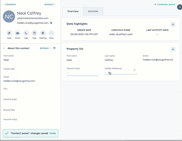 a GIF image showing a HubSpot contact record. The user selects a value for coffee preferences, but then reverts the action.