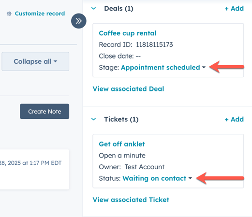 HubSpot right sidebar of a contact record showing deal and ticket cards. Red arrows highlight the 'Stage' and 'Status' dropdown menus.