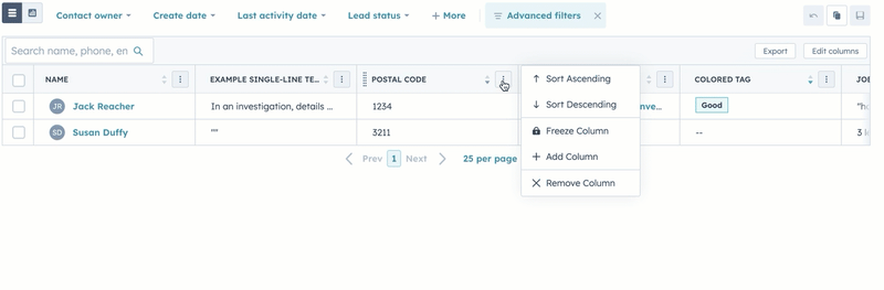 Screen recording of a HubSpot CRM index page. A user interacts with a table, clicking a vertical three-dot icon to open a menu. The menu displays options for managing the columns of the index table