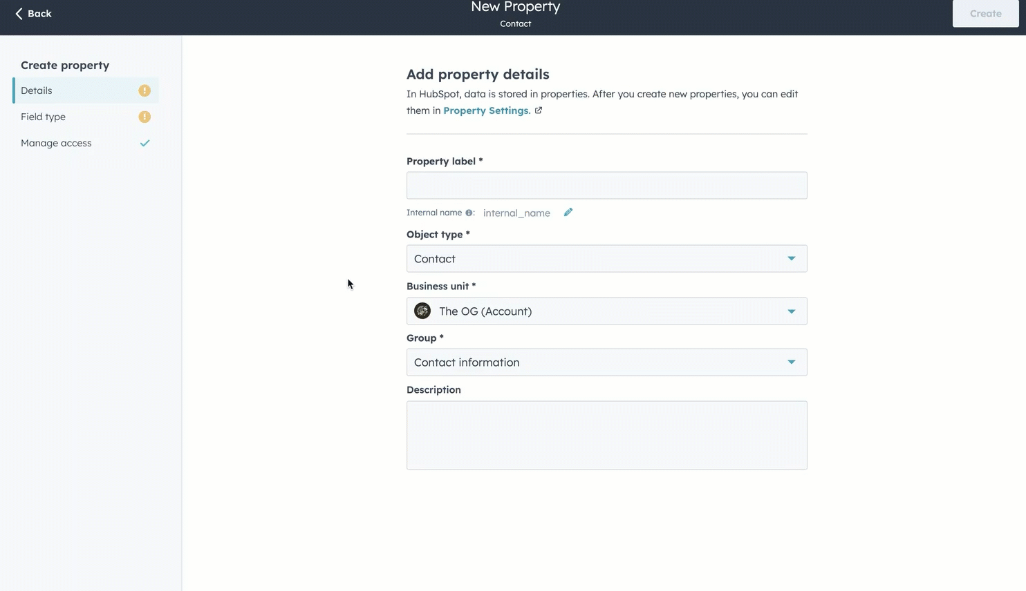 A GIF image showing a HubSpot property create menu. the user is selecting a configuration for a property sync field type