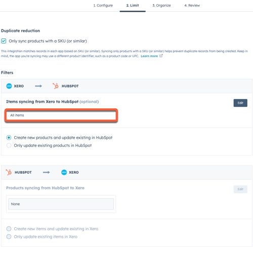 Image of Xero to HubSpot product sync filters.