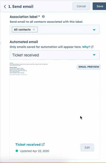 GIF image showing a panel with an email editor. The user edits a default email template titled "Ticket received". The user adds copy to the email body, then saves.