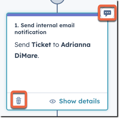 screenshot showing a box labeled "send internal email notification" with a trash can and a comment bubble icon highlighted with an orange border.