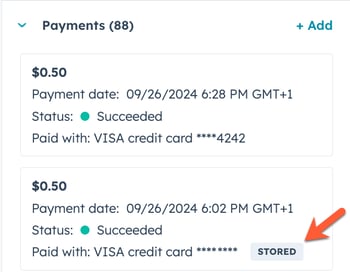 Screenshot of a contact record in HubSpot, highlighting the 'Stored' label next to a payment in the Payments association.