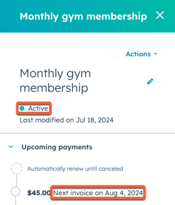 HubSpot subscription panel showing 'Active' status and the new invoice date after resuming the subscription.