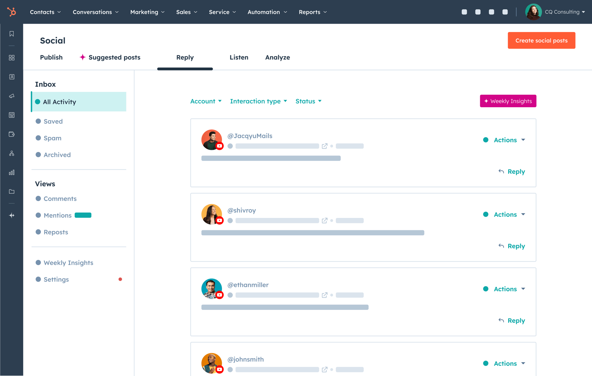 hubspot's social inbox showing a comment interaction in the inbox