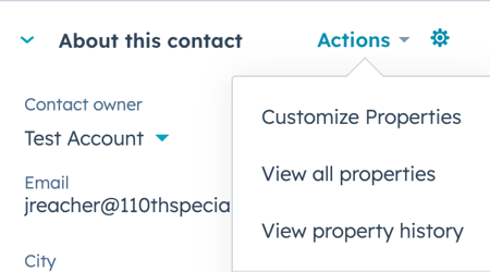 una captura de pantalla que muestra un menú de opciones dentro de contacto barra lateral izquierda de Crm de HubSpot