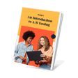 Two young women, one with curly hair and the other with a shorter hairstyle, smile and interact while looking at a laptop that they are both holding, with a vibrant orange background and a book titled 