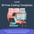 Person sitting at a desk, working on a computer with multiple screens displaying coding templates, with the text promoting 50 free coding templates for HTML, CSS, and JavaScript.