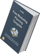 A dark blue marketing planning template book with a graphic showing a laptop and documents, emphasizing its use for developing marketing strategies.