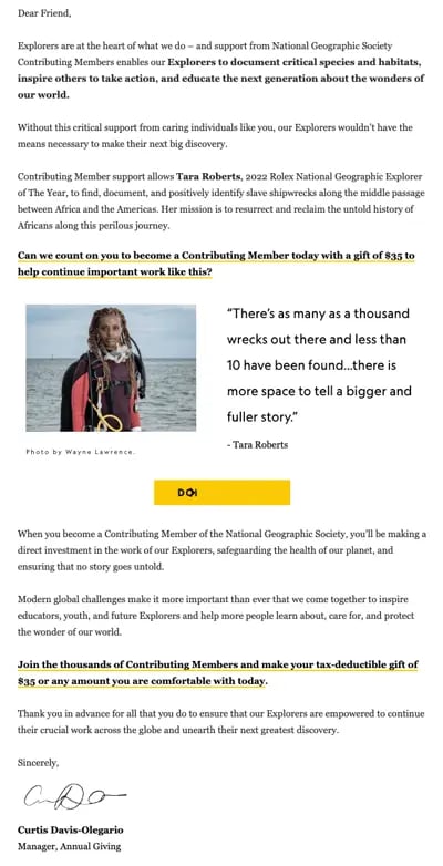 Thank you letter for customers, example from the National Geographic Society.