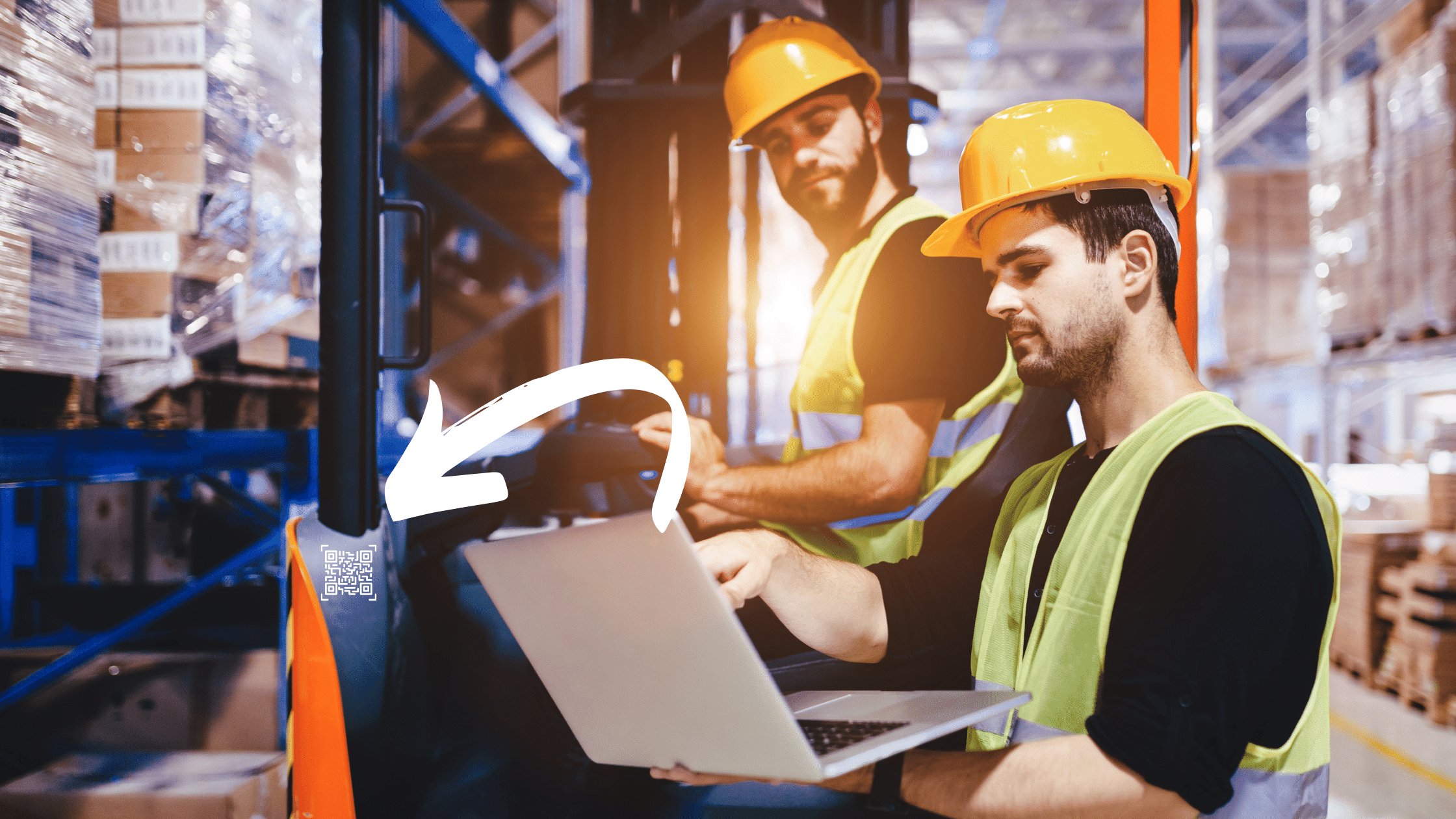 two men in hard hats and hi vis vests following safety training in laptop
