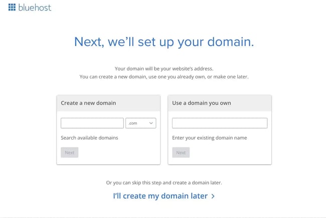 Bluehost signup page for WordPress website