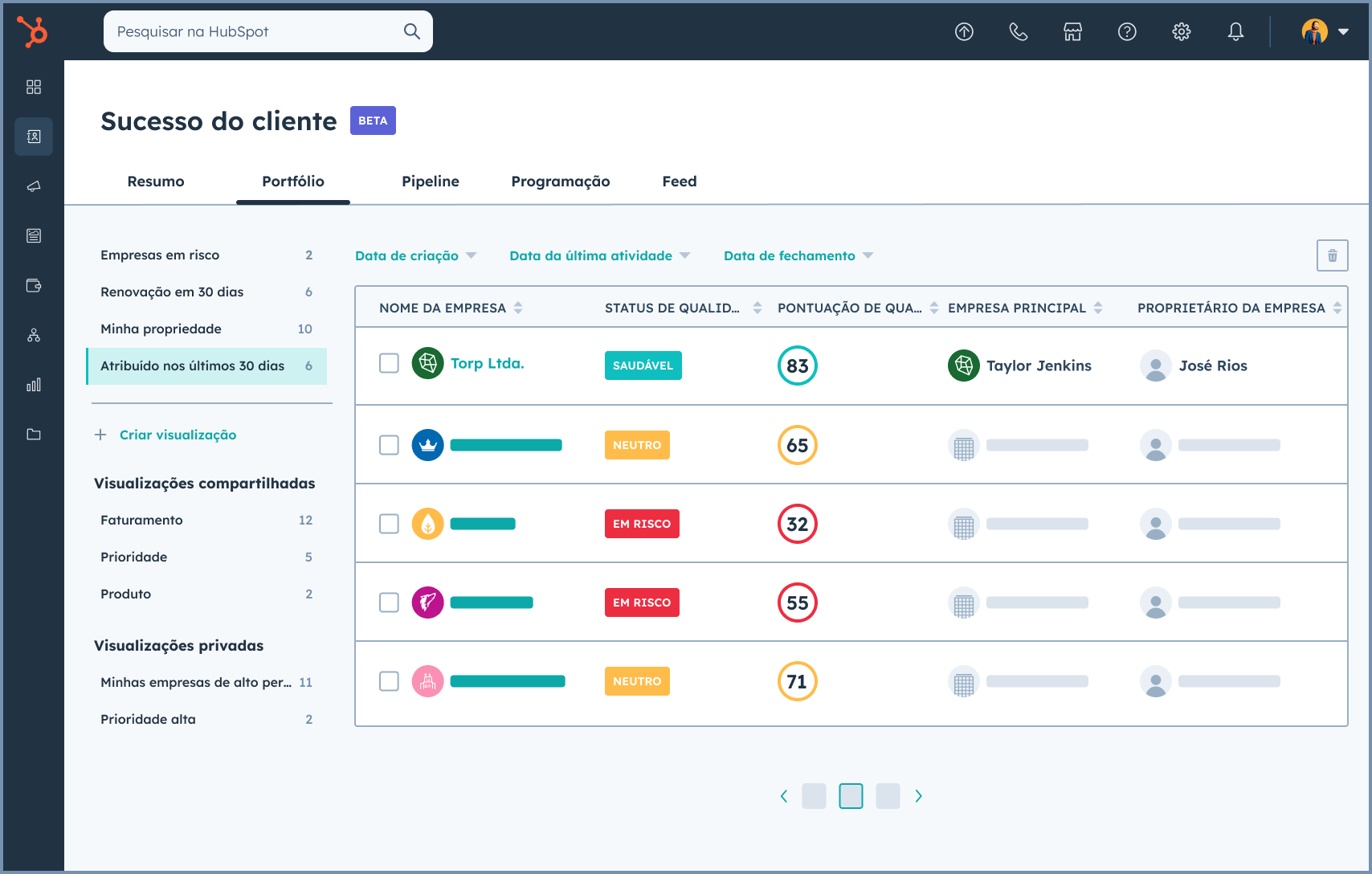 Gestão de negócios na ferramenta de sucesso do cliente da HubSpot