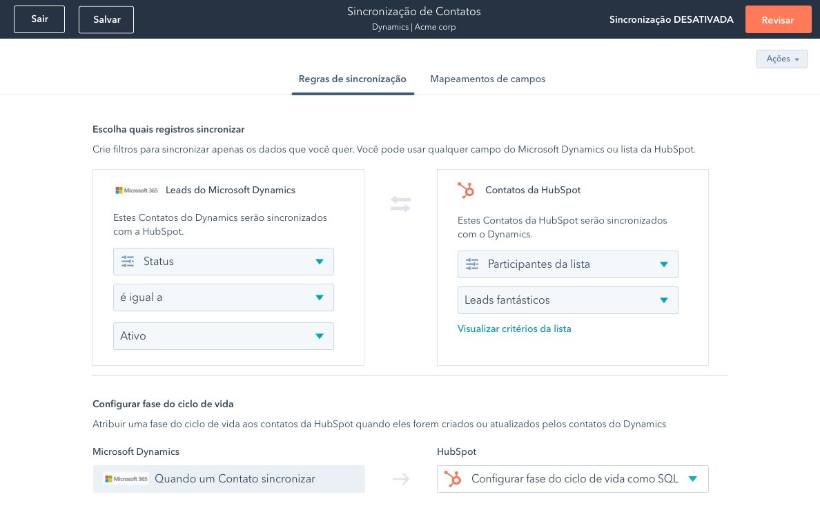captura de tela do módulo de sincronização de dados do Operations Hub