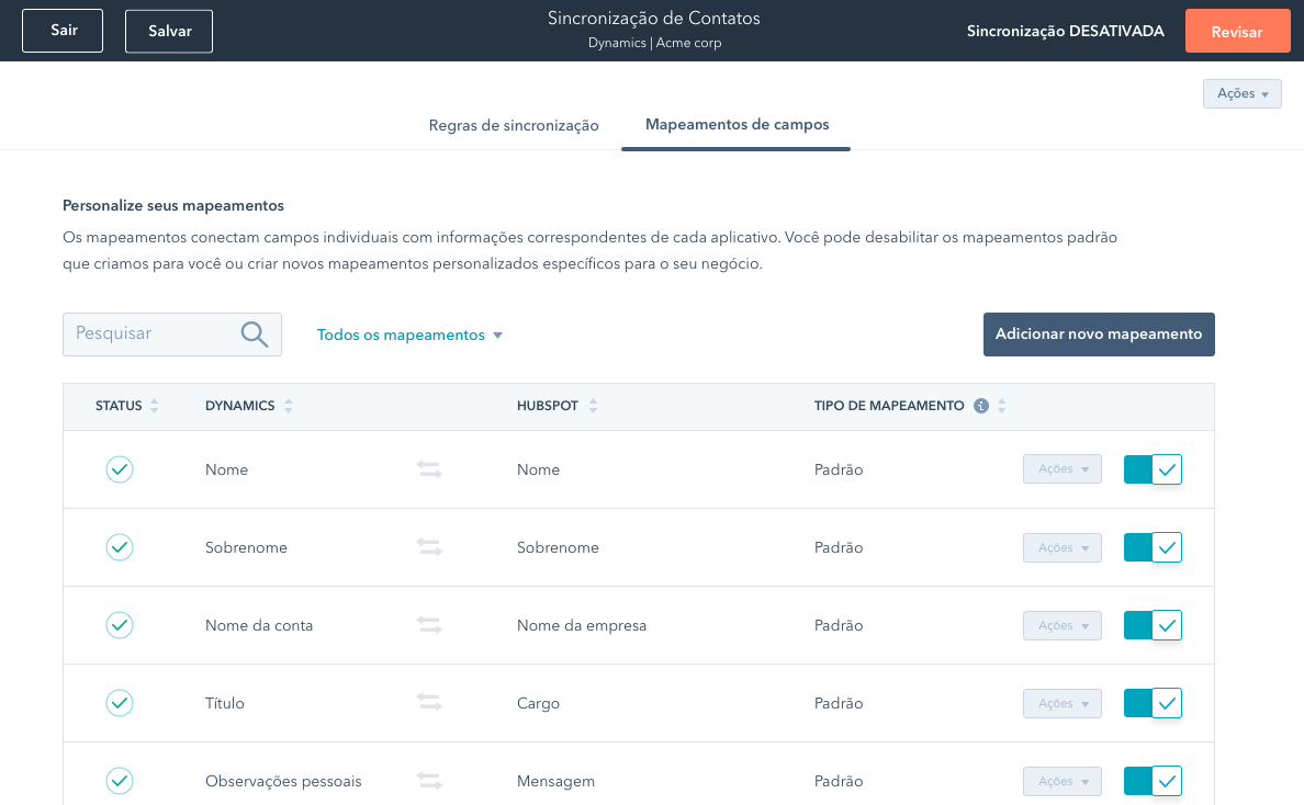 captura de tela - sincronização de dados no Operations Hub