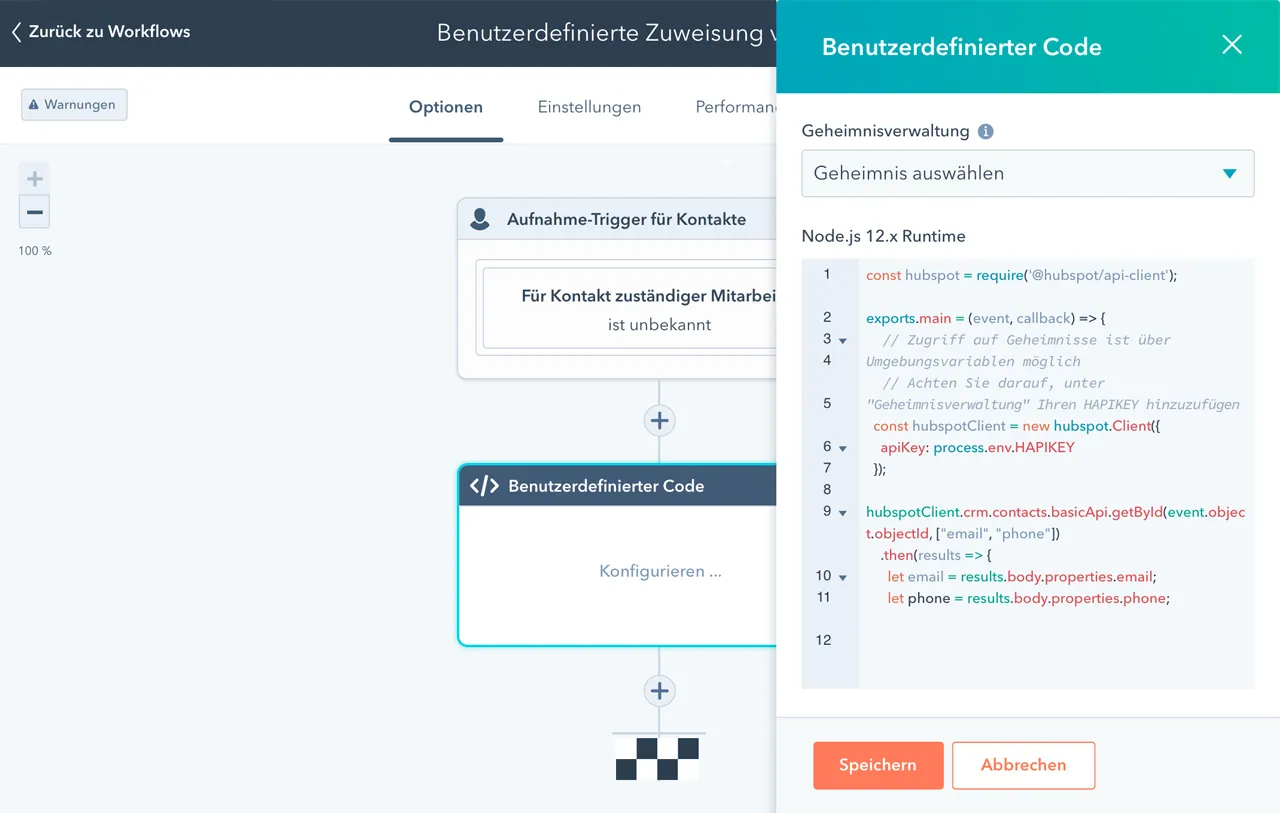 Bildschirmansicht eines JavaScript-Codes im Automatisierungsworkflow