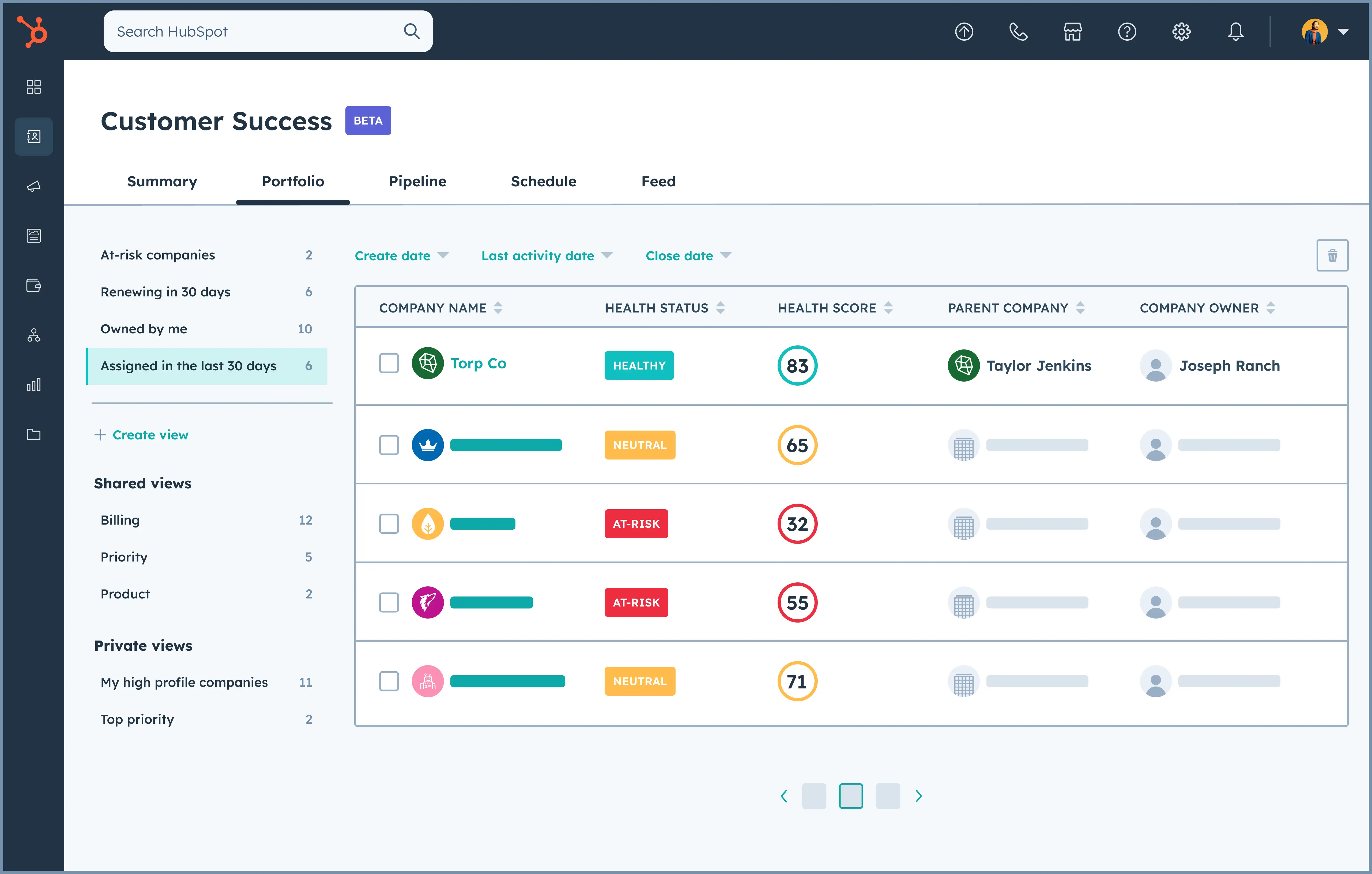 View of the HubSpot customer success workspace showing the portfolio view with customers' health status and more